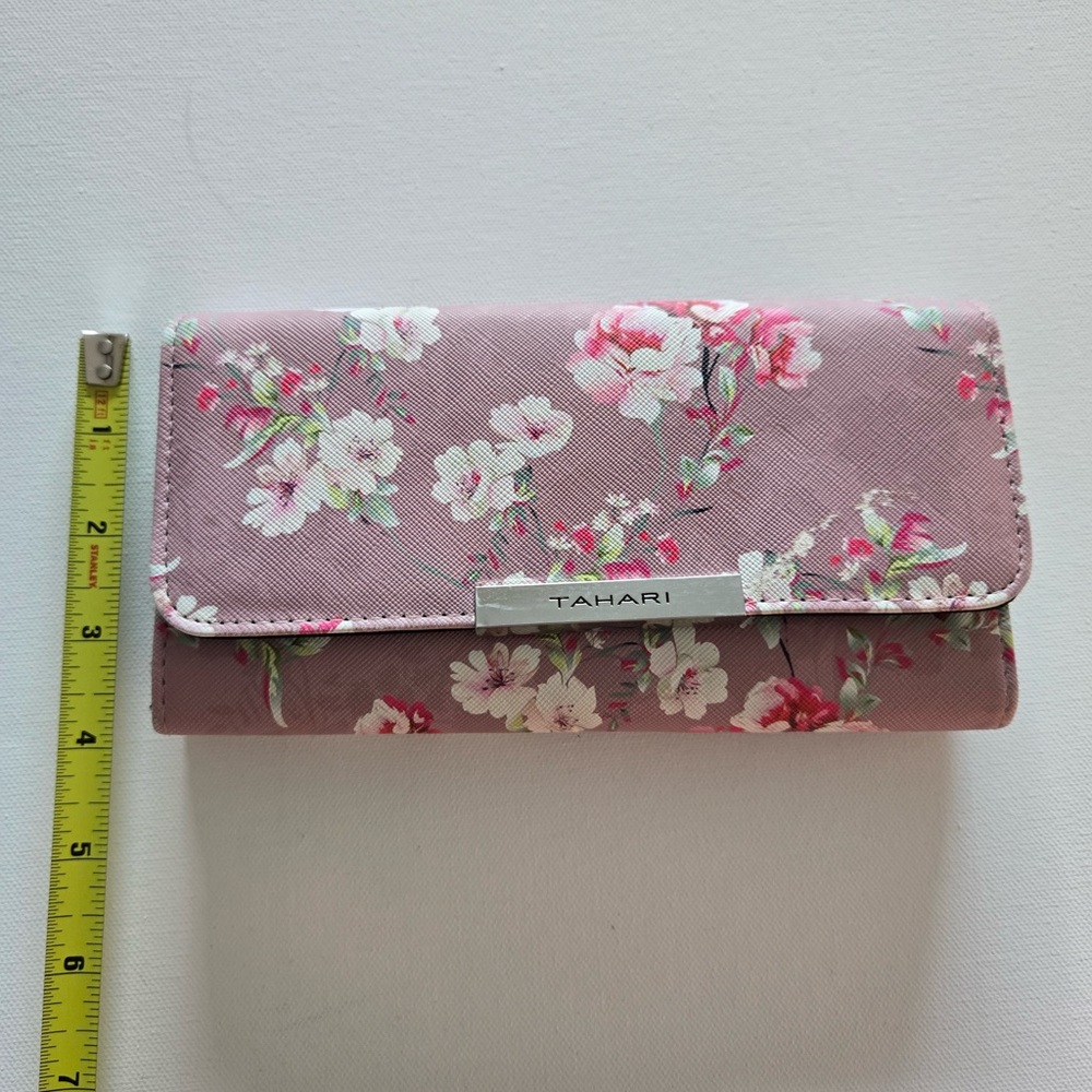 Tahari Pink Floral Print Wallet Clutch Snap Closure Saffiano Style - Picture 5 of 9